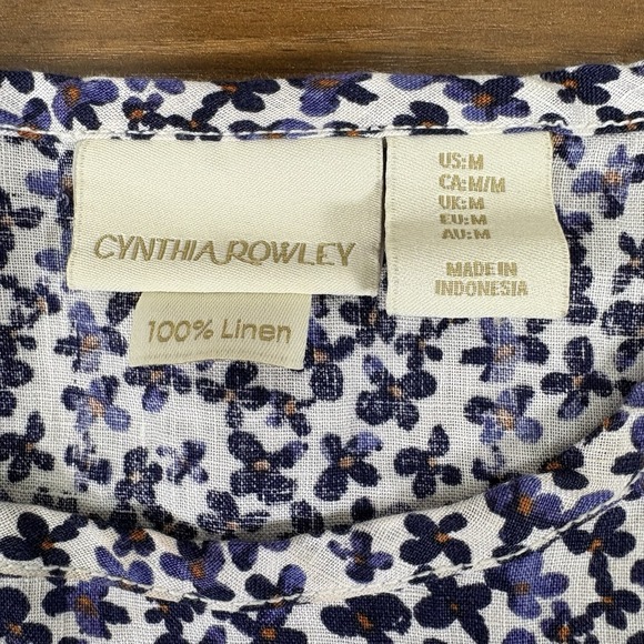Cynthia Rowley White & Blue Floral 100% Linen Relaxed Hi Lo Tee T Shirt Size M - Picture 4 of 5